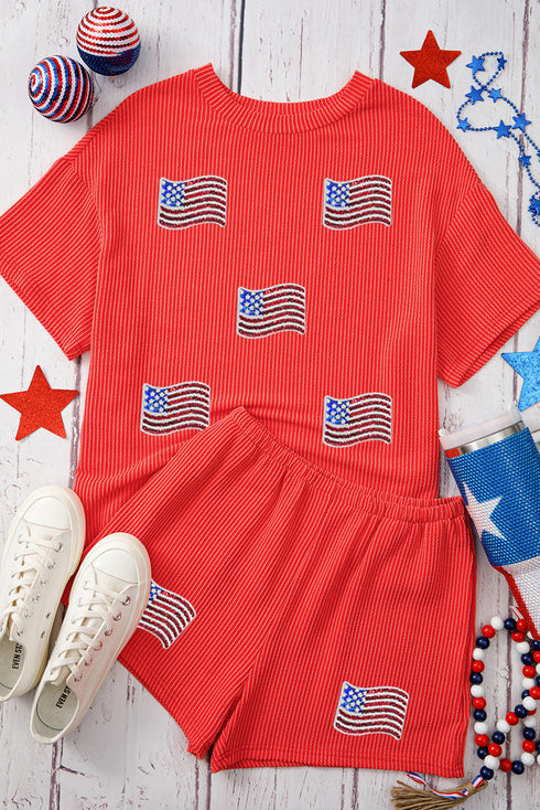 Twist Front American Flag Sequin Ribbed Crop and Shorts Set